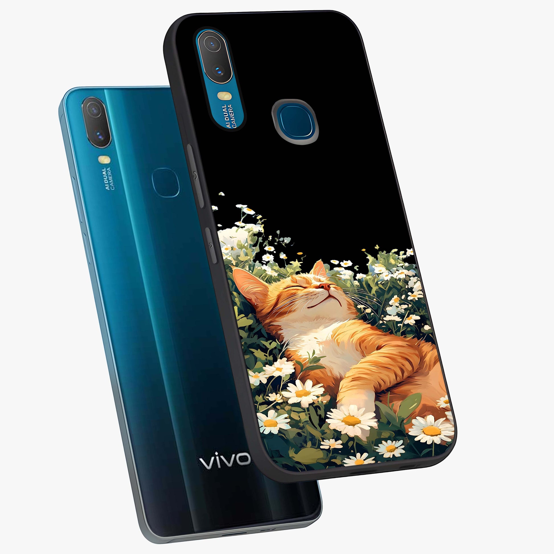 Blissful Bloom Cat Glass Case displayed in angled mockup highlighting playful feline illustration with soft floral aesthetic.