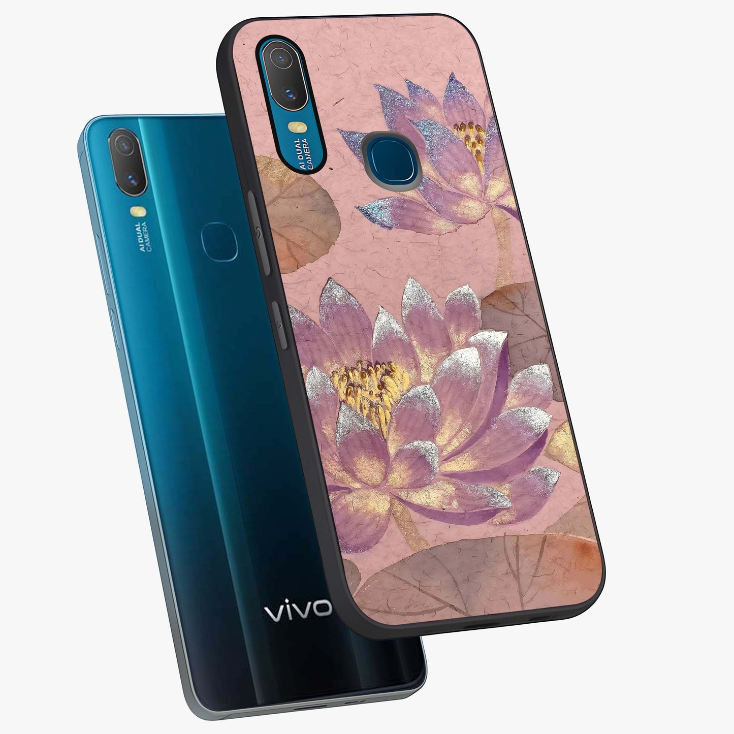 Blossom Mist Lotus Glass Case displayed in angled mockup highlighting delicate lotus illustration with calm aesthetic theme.