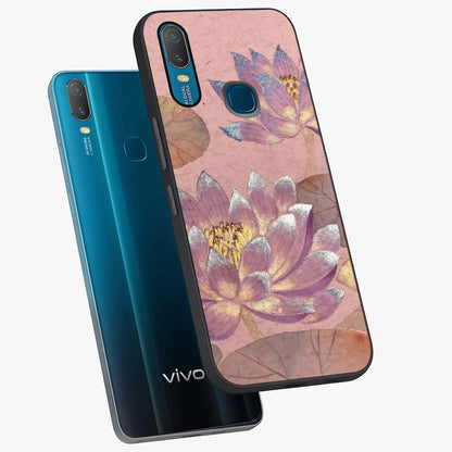 Blossom Mist Lotus Glass Case displayed in angled mockup highlighting delicate lotus illustration with calm aesthetic theme.