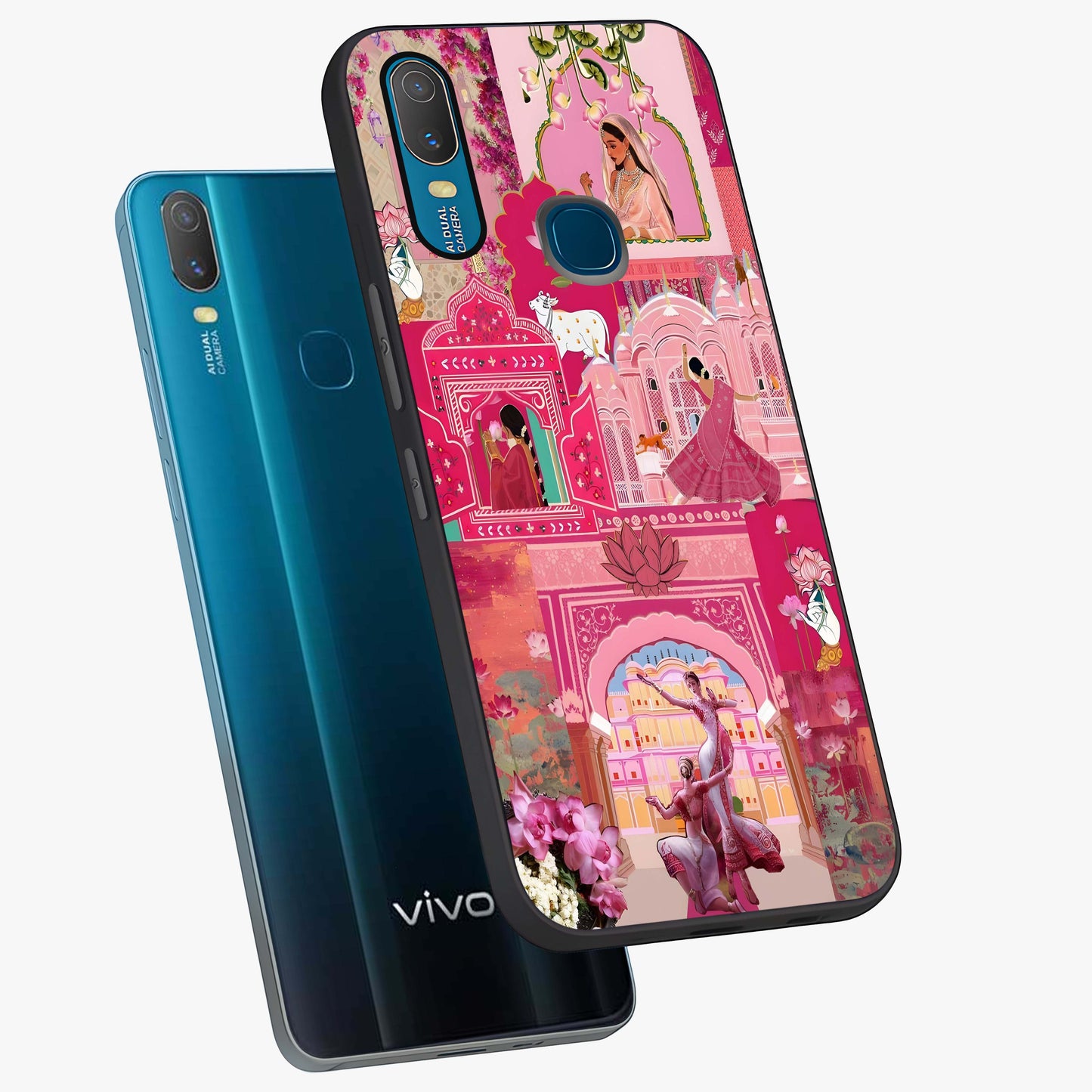 Blossoms of Rajasthan Glass Case displayed in angled mockup highlighting vibrant floral pattern with cultural aesthetic style.