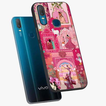 Blossoms of Rajasthan Glass Case displayed in angled mockup highlighting vibrant floral pattern with cultural aesthetic style.