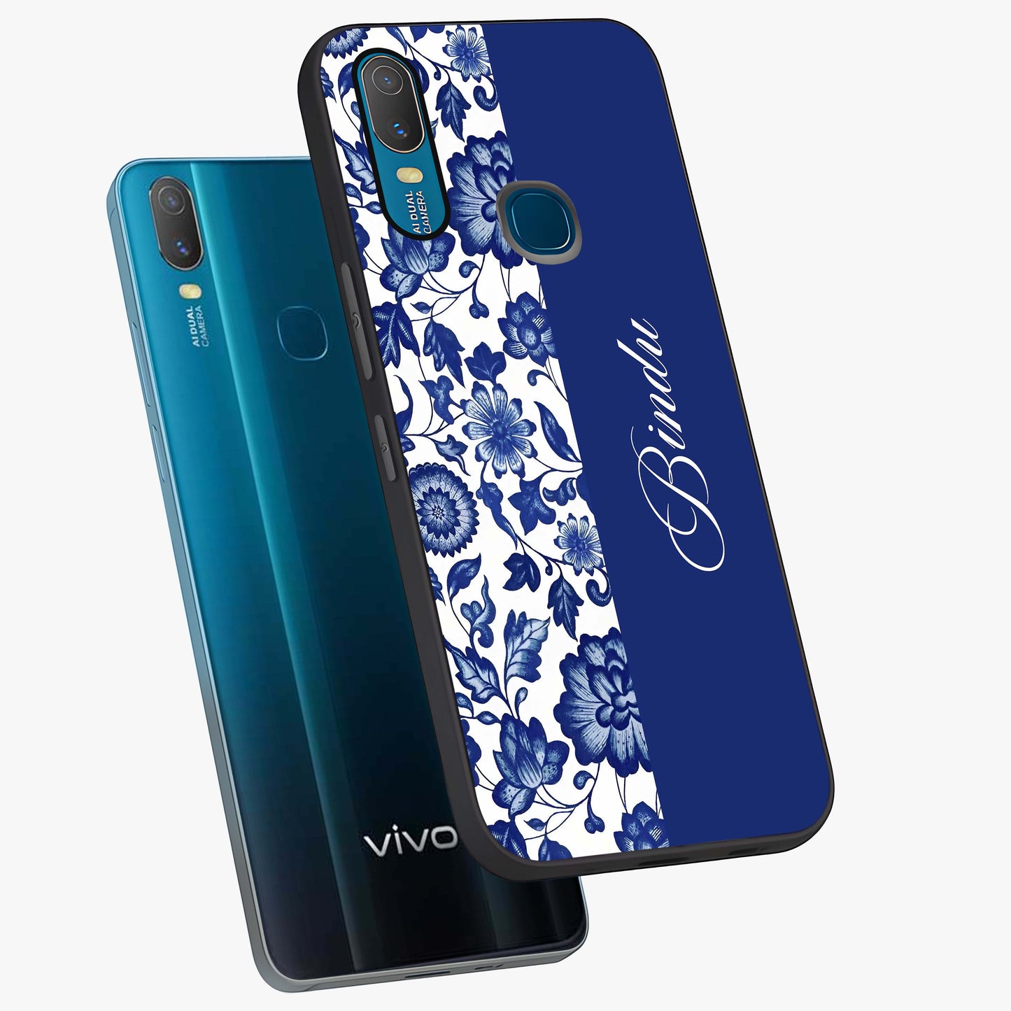 Blue Vintage Floral Pattern Glass Case displayed in angled mockup highlighting subtle bloom pattern with aesthetic pastel design.