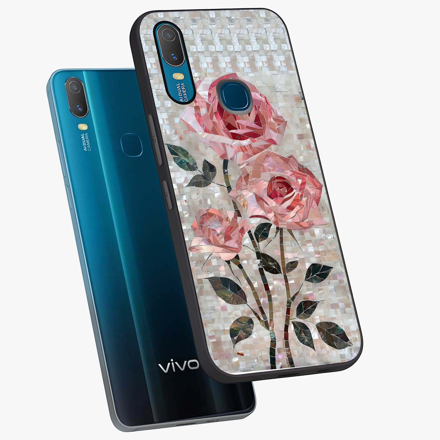 Blush Mosaic Bloom Glass Case displayed in angled mockup highlighting artistic mosaic flower pattern with aesthetic design.