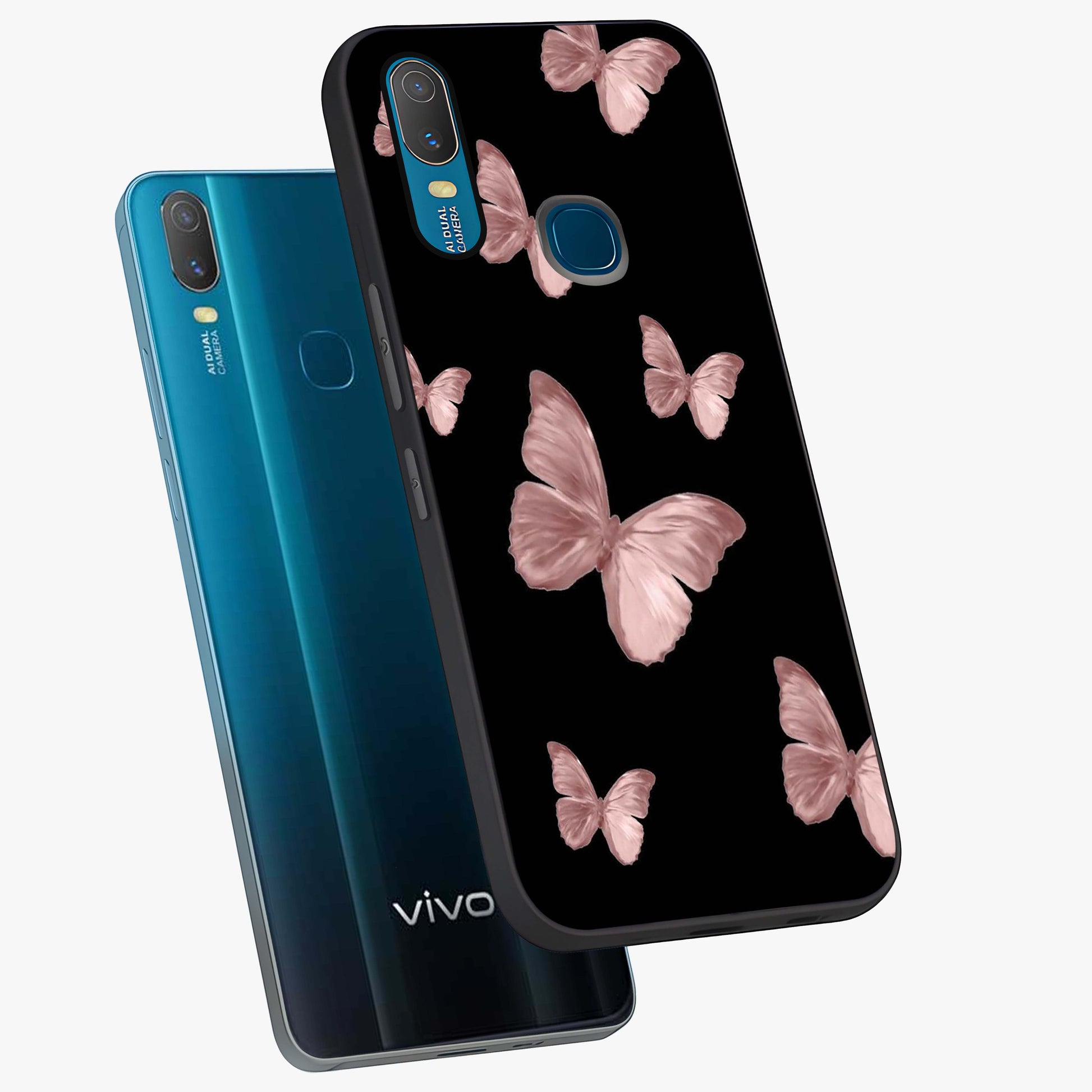 Butterfly Pattern Glass Case displayed in angled mockup highlighting delicate butterfly design and aesthetic pattern style.