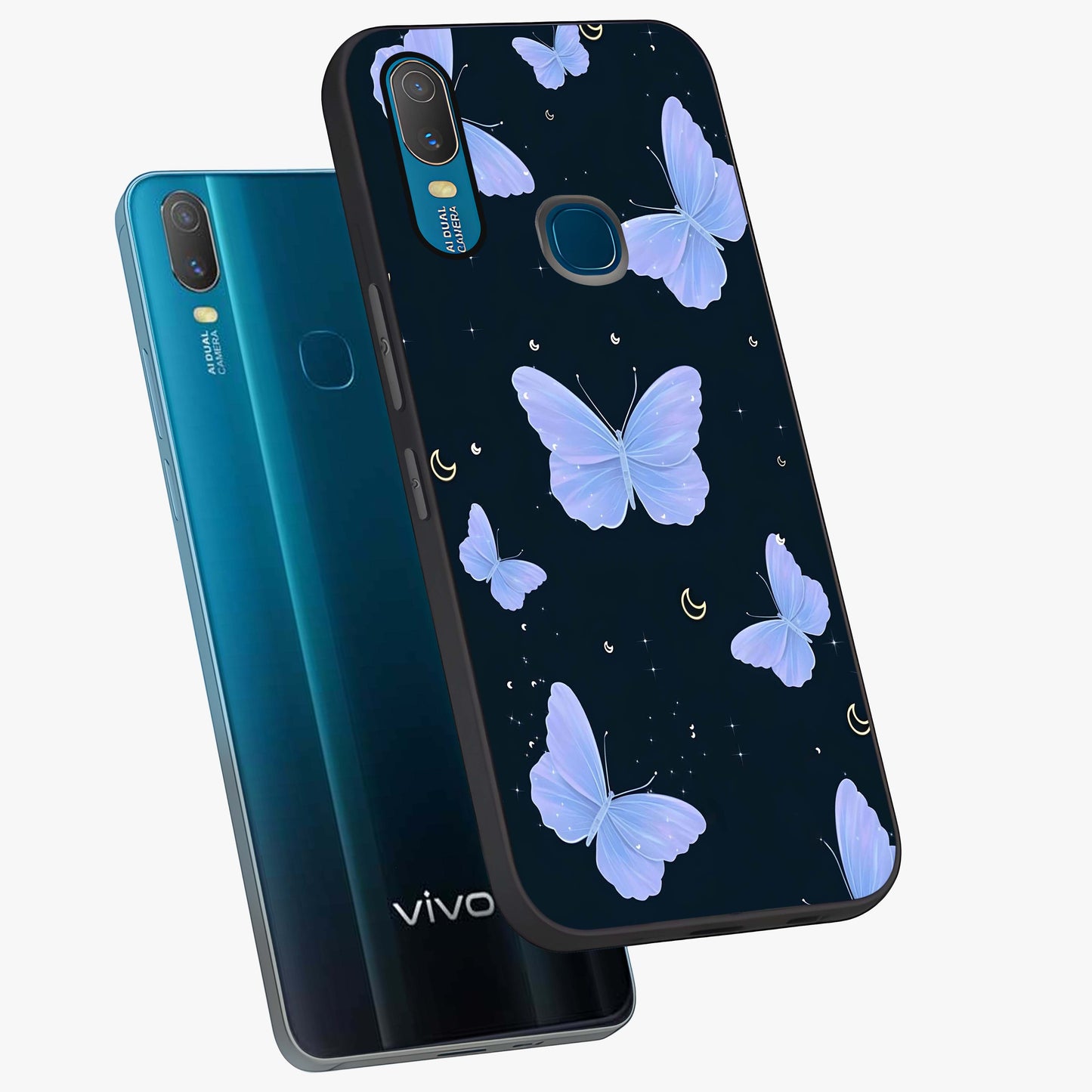 Butterfly With Stars Pattern Glass Case displayed in angled mockup highlighting dreamy butterfly and star design with aesthetic theme.