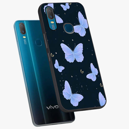 Butterfly With Stars Pattern Glass Case displayed in angled mockup highlighting dreamy butterfly and star design with aesthetic theme.