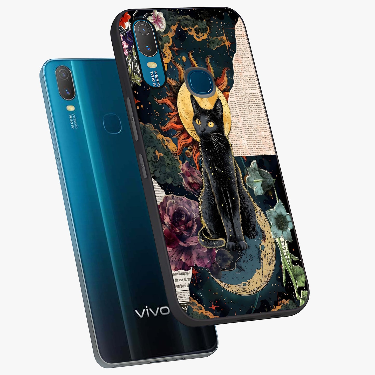 Celestial Black Cat Glass Case displayed in angled mockup highlighting cosmic black cat design with celestial aesthetic.