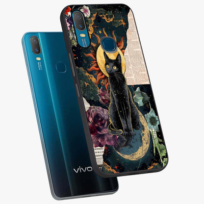 Celestial Black Cat Glass Case displayed in angled mockup highlighting cosmic black cat design with celestial aesthetic.