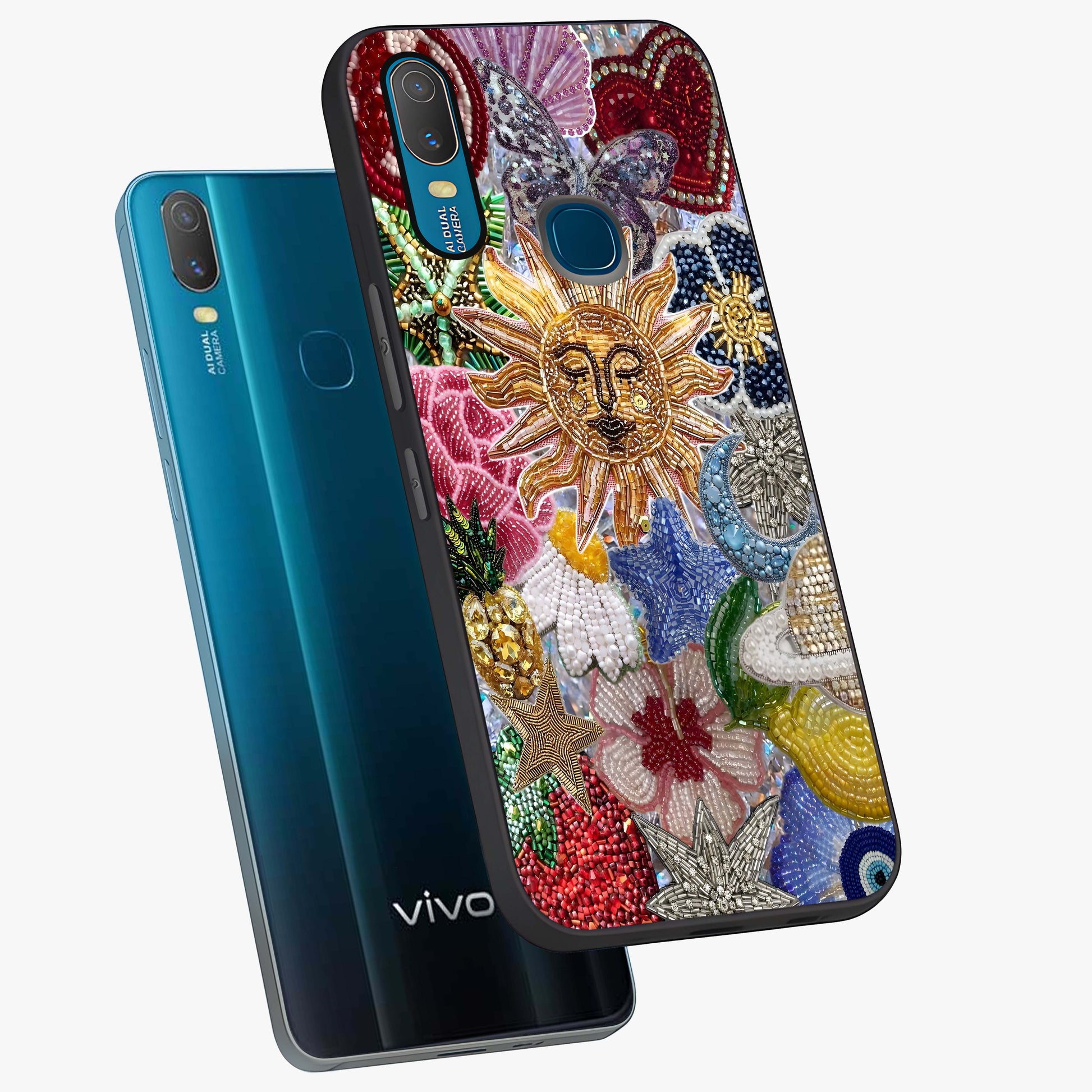 Celestial Floral and Playful Glass Case displayed in angled mockup highlighting playful floral design with dreamy celestial elements.