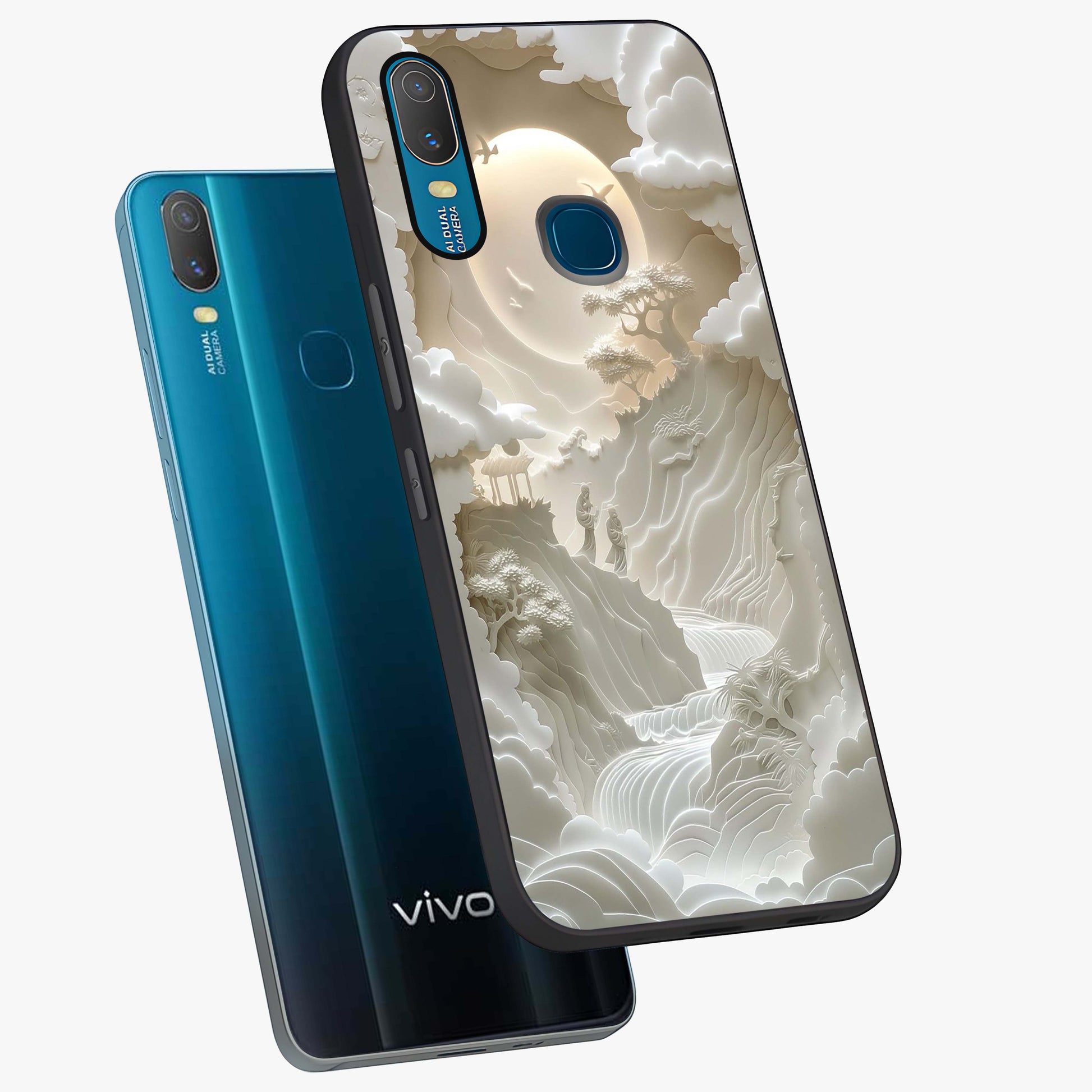 Celestial Origami Glass Case displayed in angled mockup highlighting geometric origami design with cosmic aesthetic theme.
