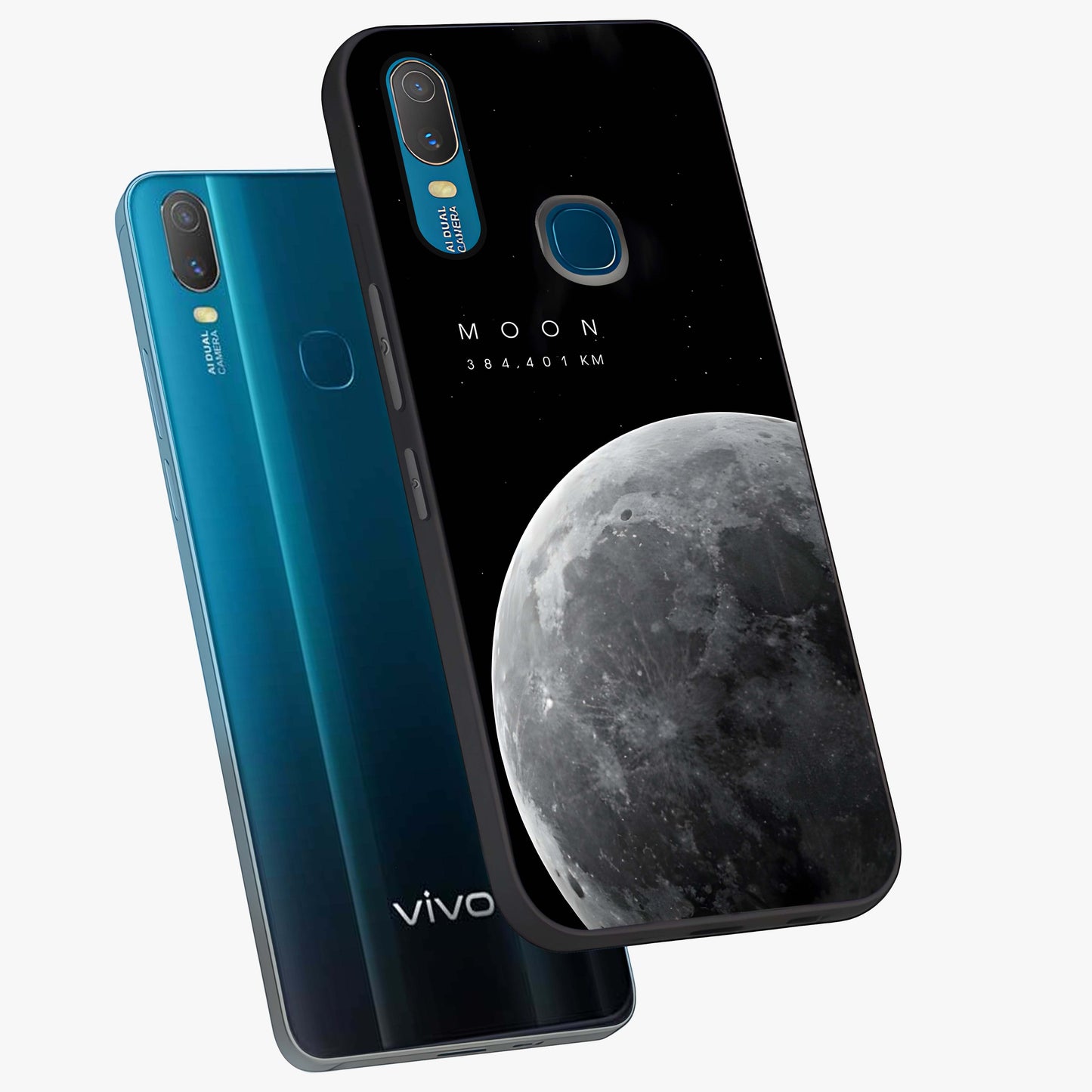 Cosmic Moon Glow Glass Case displayed in angled mockup highlighting celestial moon design with cosmic aesthetic theme.