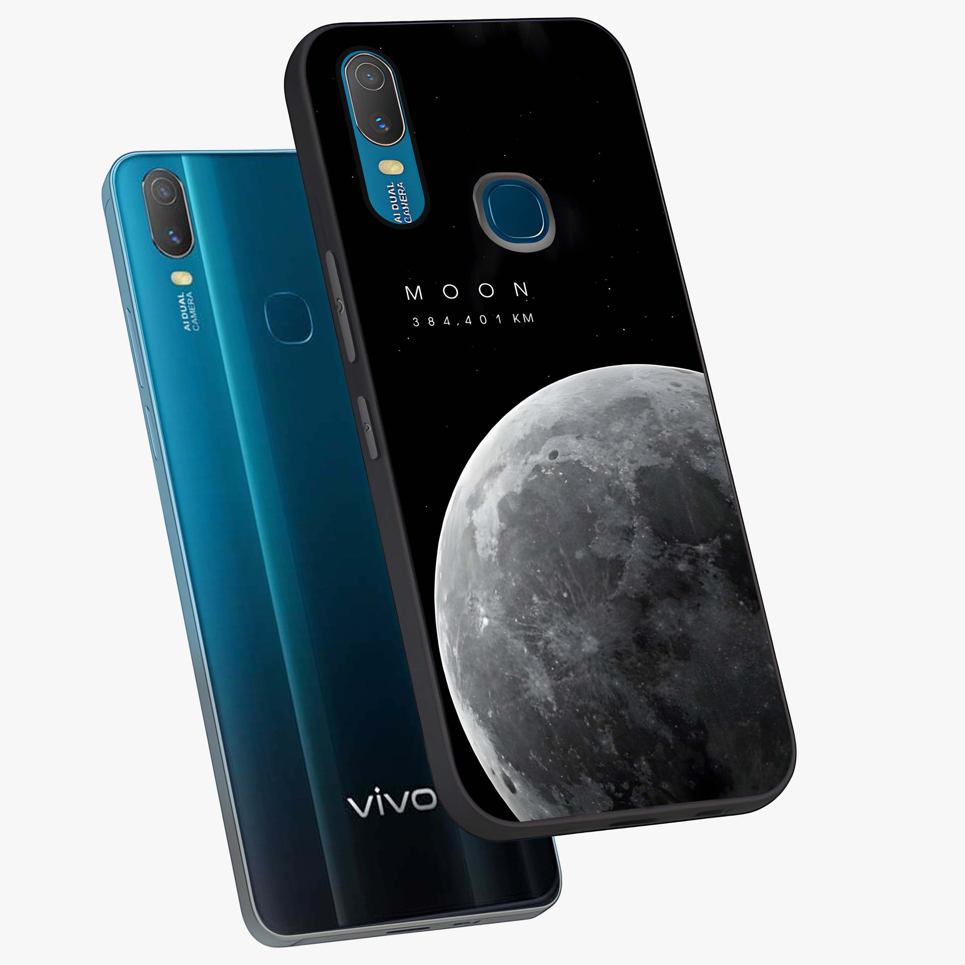 Cosmic Moon Glow Glass Case displayed in angled mockup highlighting celestial moon design with cosmic aesthetic theme.