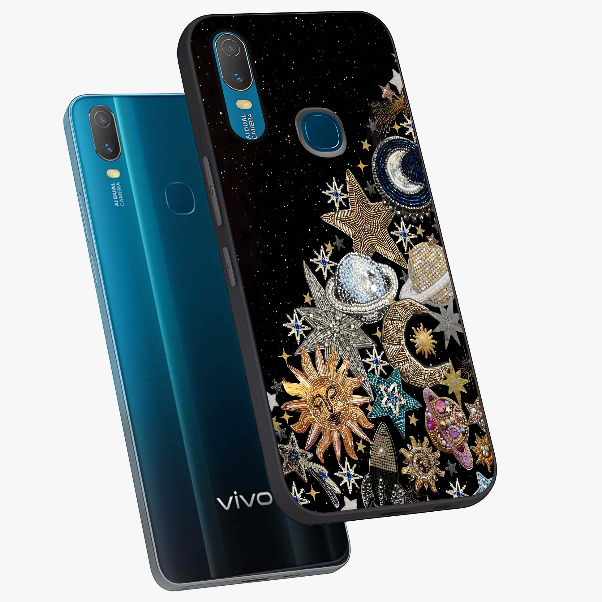 Cosmic Sparkle Dreams Glass Case displayed in angled mockup highlighting dreamy star sparkle design with celestial aesthetic.