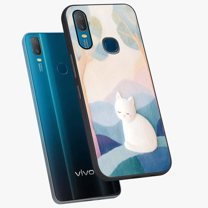 Cotton Dream Cat Glass Case displayed in angled mockup highlighting cute feline illustration with pastel aesthetic style.