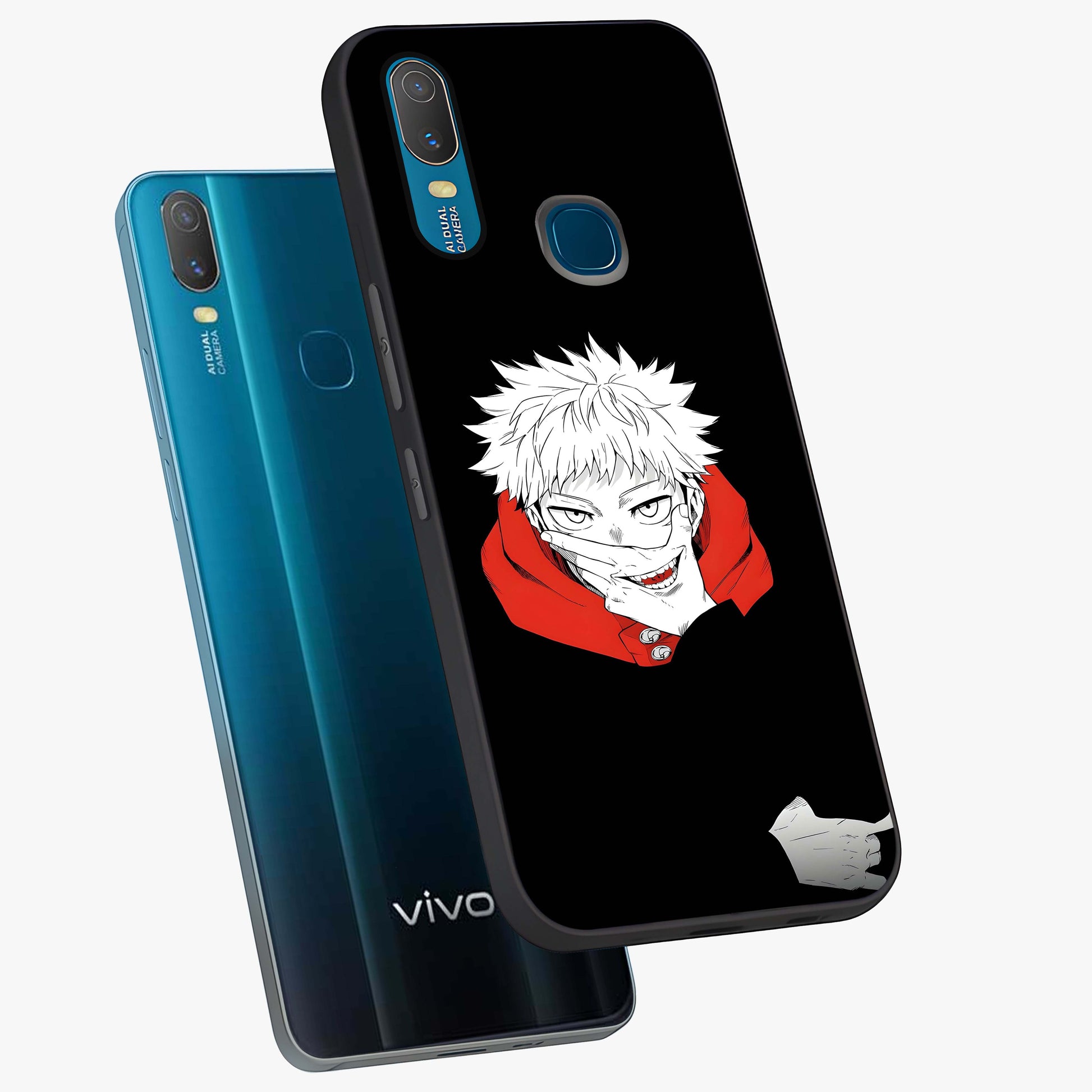 Crimson Chaos Smile Glass Case displayed in angled mockup highlighting edgy crimson smile design with graphic aesthetic.
