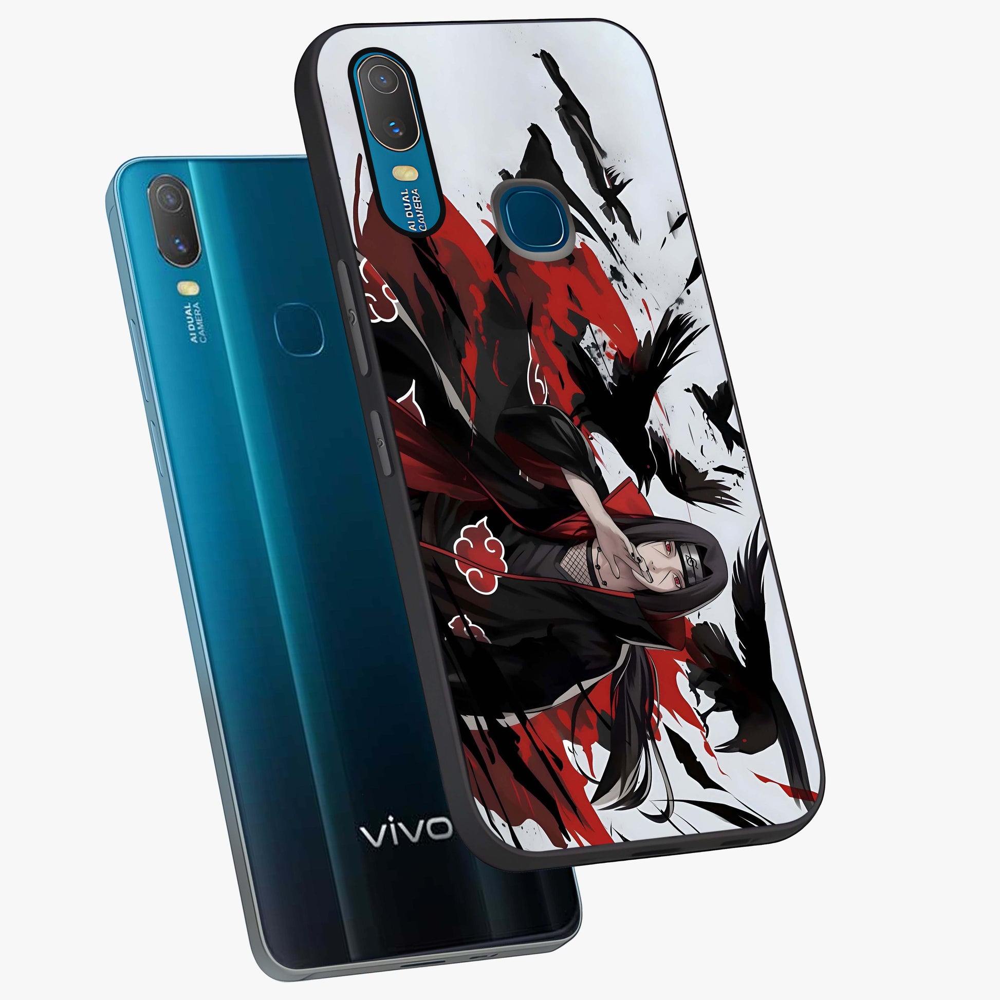 Crimson Crow Illusion Glass Case displayed in angled mockup highlighting mysterious crow graphic with dark aesthetic style.