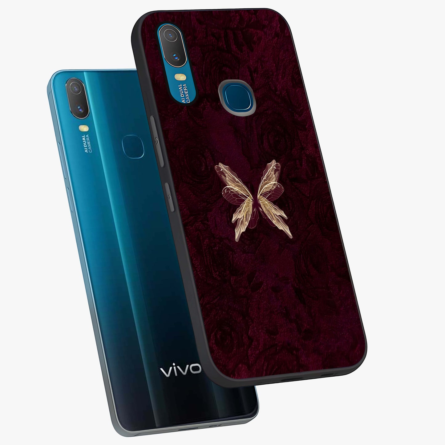 Crimson Fade Butterfly Glass Case displayed in angled mockup highlighting elegant butterfly design with crimson gradient aesthetic.