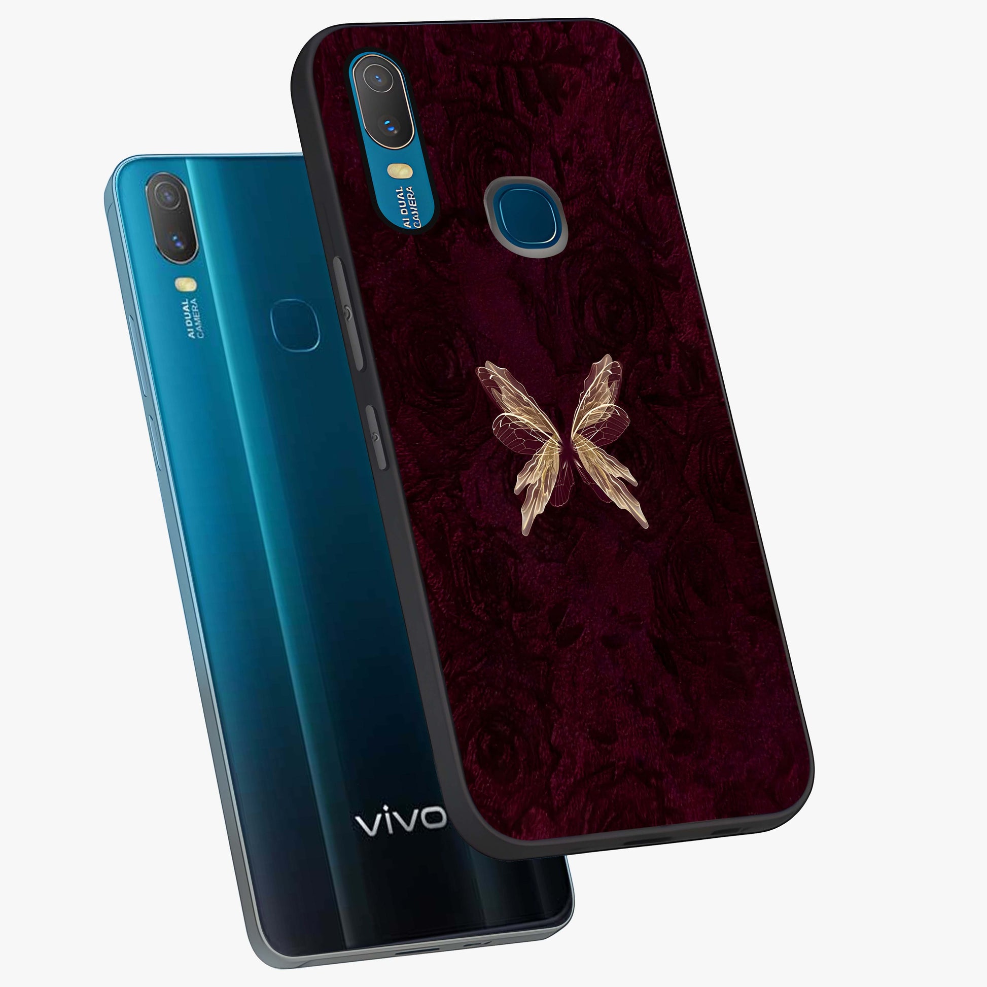 Crimson Fade Butterfly Glass Case displayed in angled mockup highlighting elegant butterfly design with crimson gradient aesthetic.