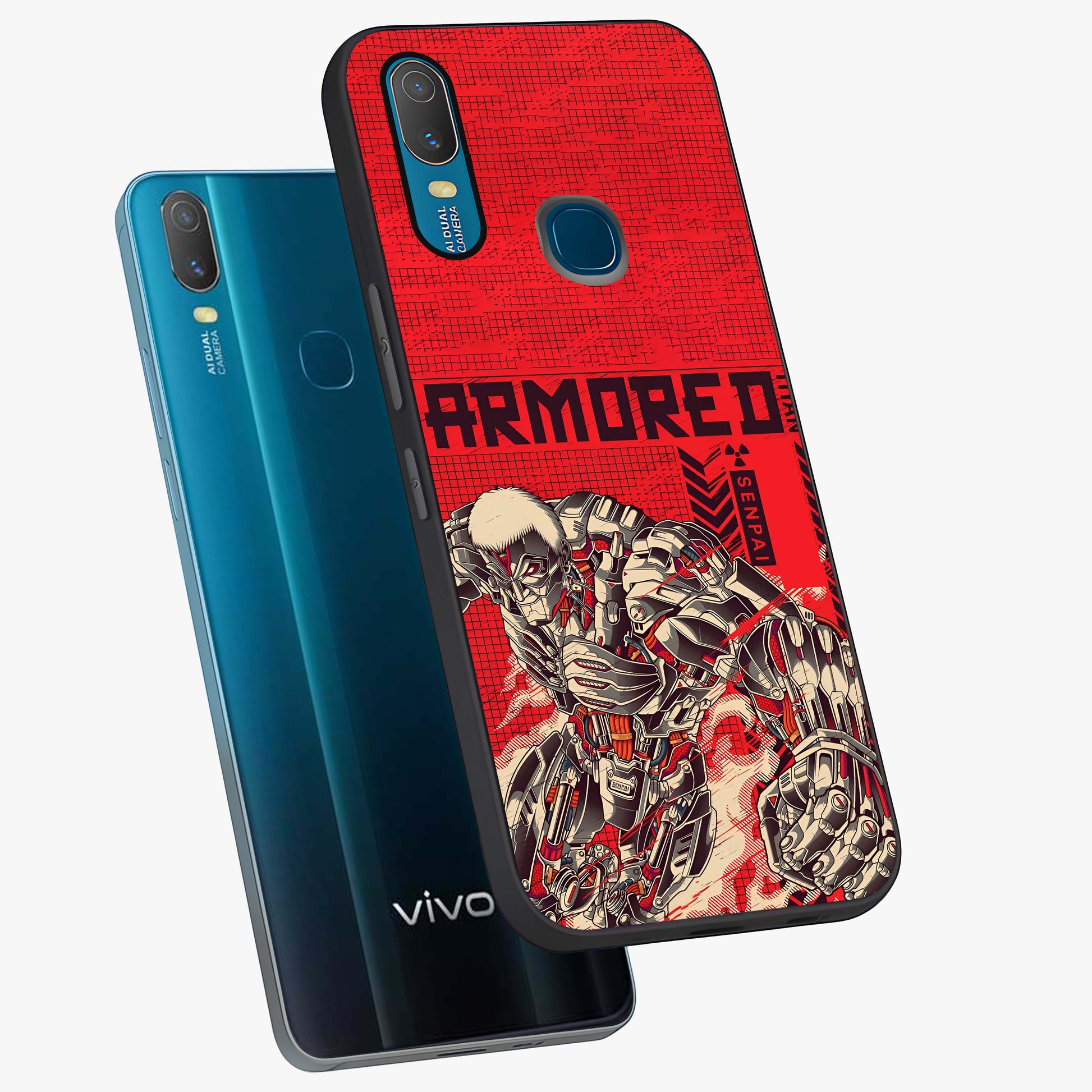 Crimson Mecha Titan Glass Case displayed in angled mockup highlighting futuristic mech illustration with bold crimson aesthetic.