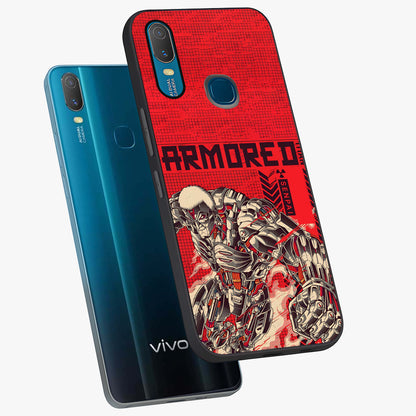Crimson Mecha Titan Glass Case displayed in angled mockup highlighting futuristic mech illustration with bold crimson aesthetic.