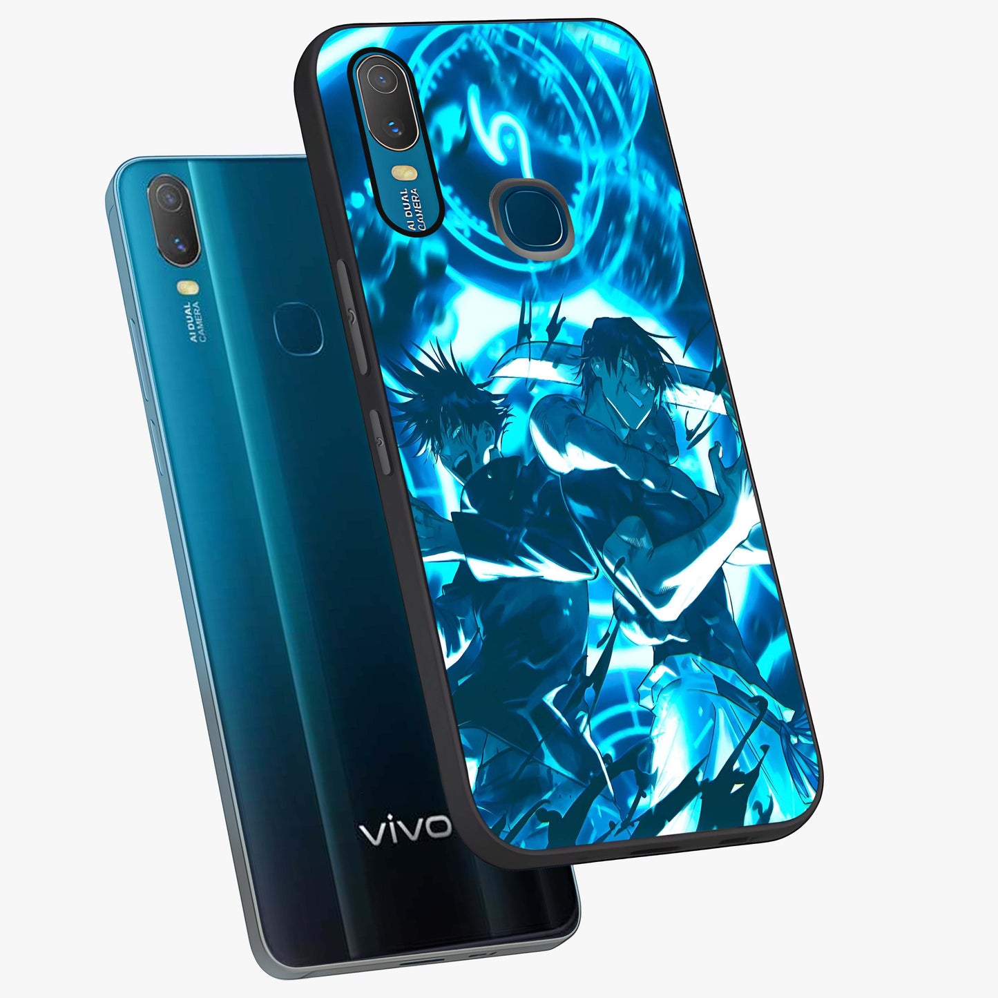 Cursed Energy Clash Glass Case displayed in angled mockup highlighting powerful battle inspired graphic with anime style aesthetic.