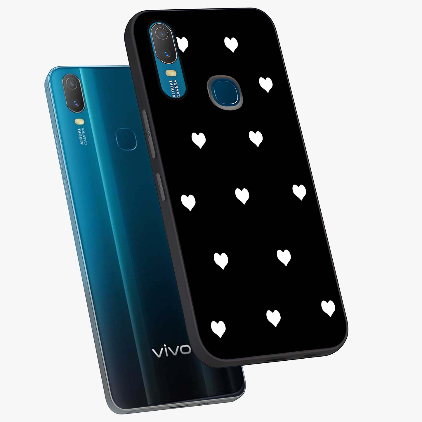 Cute And Simple White Hearts Glass Case displayed in angled mockup highlighting cute heart design with clean aesthetic style.