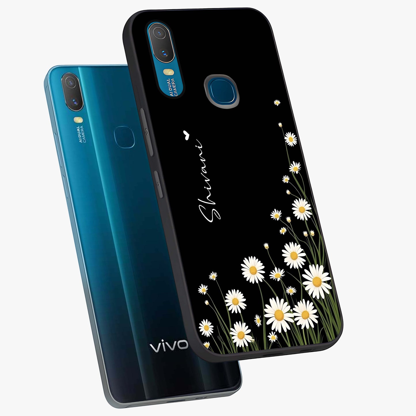 Daisy Cascade Custom Name Glass Case displayed in angled mockup highlighting delicate daisy artwork with custom name feature.