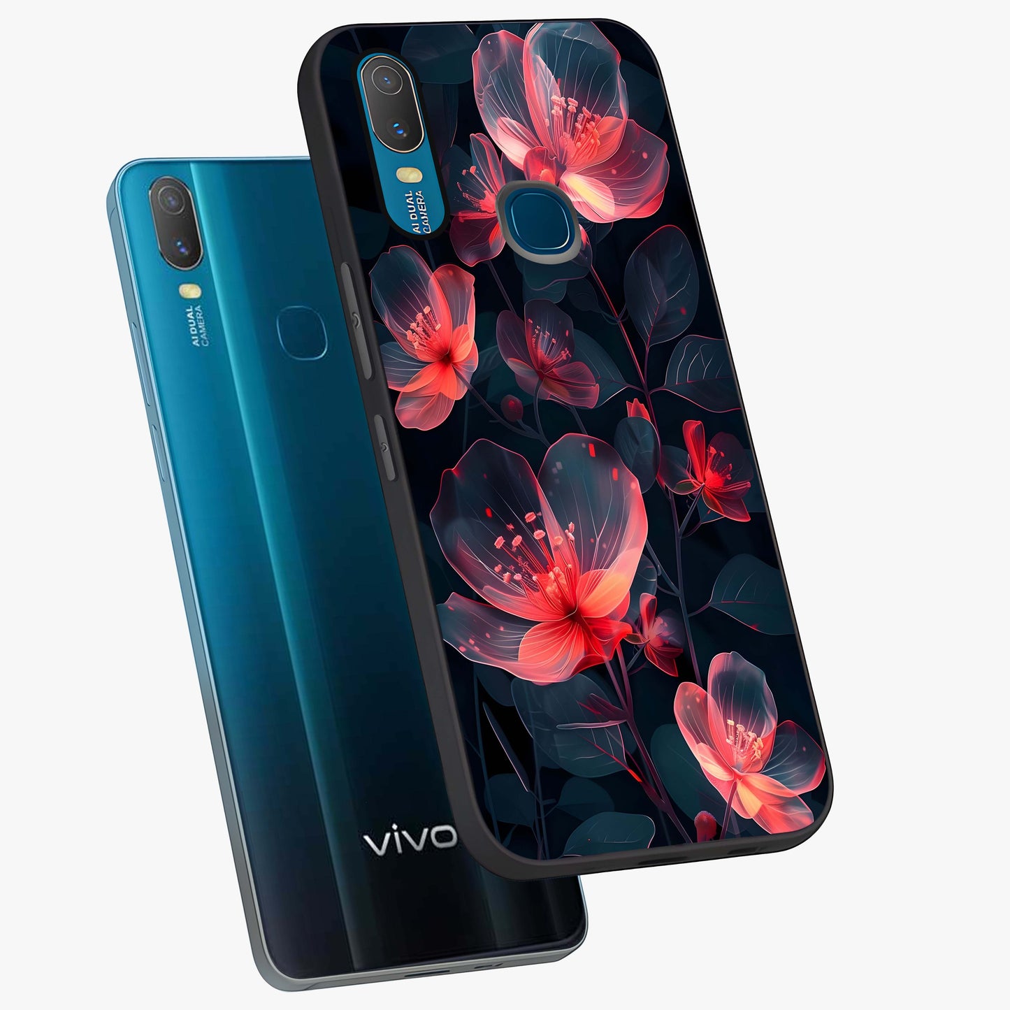 Dark Shade of Flower Glass Case displayed in angled mockup highlighting moody floral illustration with aesthetic dark tones.