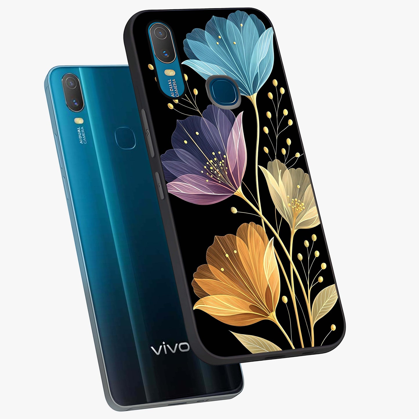 Delicate Multicolor Flowers Glass Case displayed in angled mockup highlighting colorful flower pattern with soft aesthetic style.