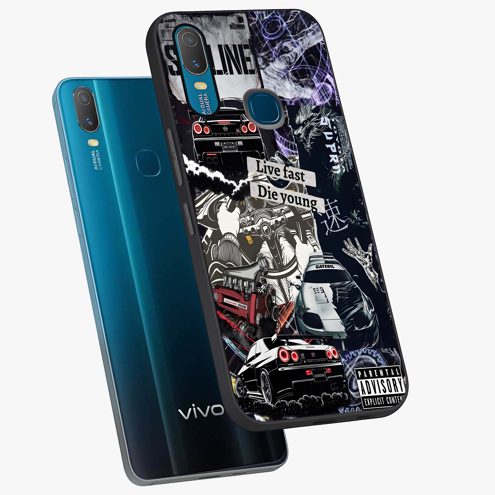 Die Young Glass Case displayed in angled mockup highlighting expressive graphic artwork with edgy aesthetic style.