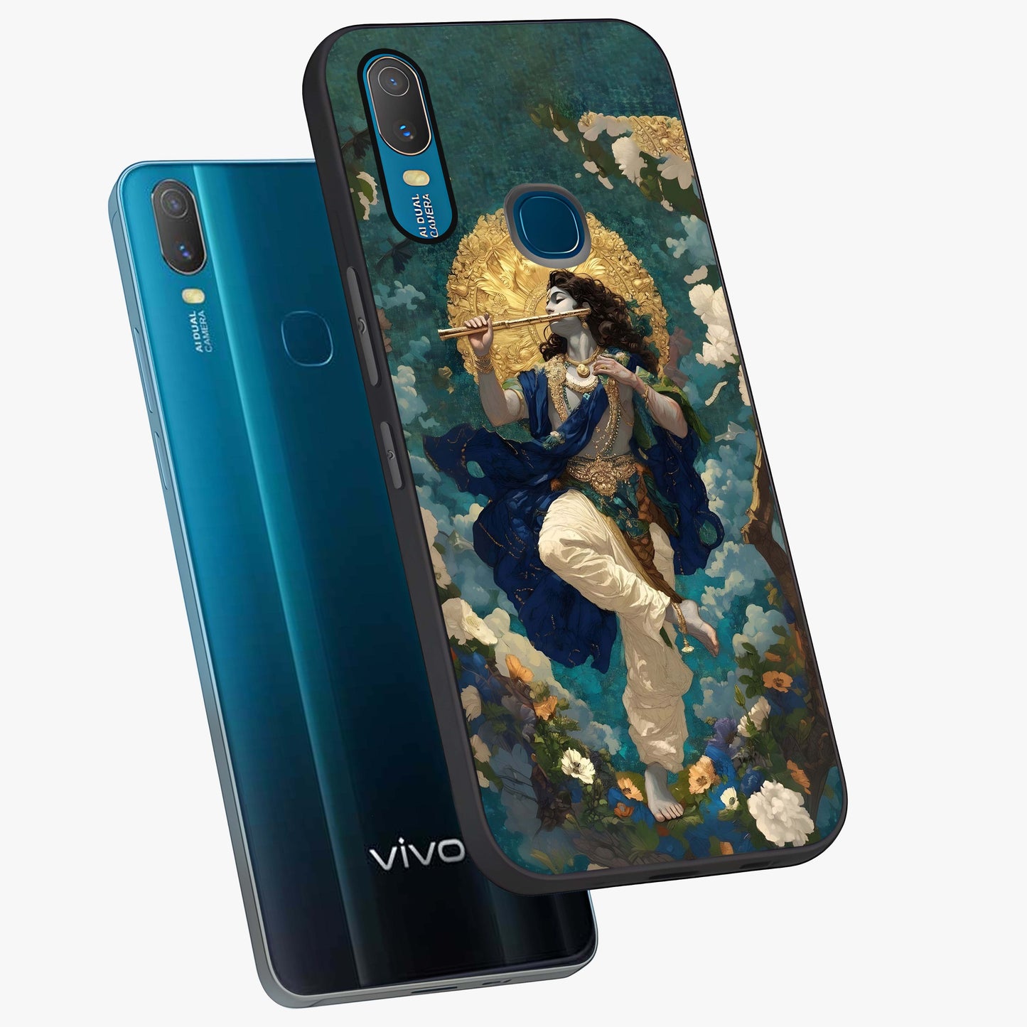 Divine Krishna Art Glass Case displayed in angled mockup highlighting spiritual Krishna illustration with devotional aesthetic.