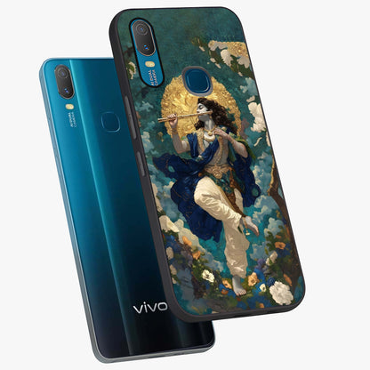 Divine Krishna Art Glass Case displayed in angled mockup highlighting spiritual Krishna illustration with devotional aesthetic.