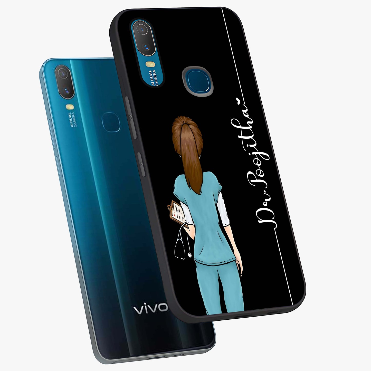 Doctor Pattern Custom Name Glass Case displayed in angled mockup highlighting doctor inspired artwork with custom name feature.