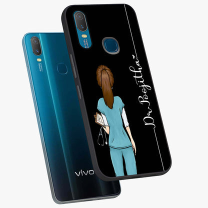 Doctor Pattern Custom Name Glass Case displayed in angled mockup highlighting doctor inspired artwork with custom name feature.
