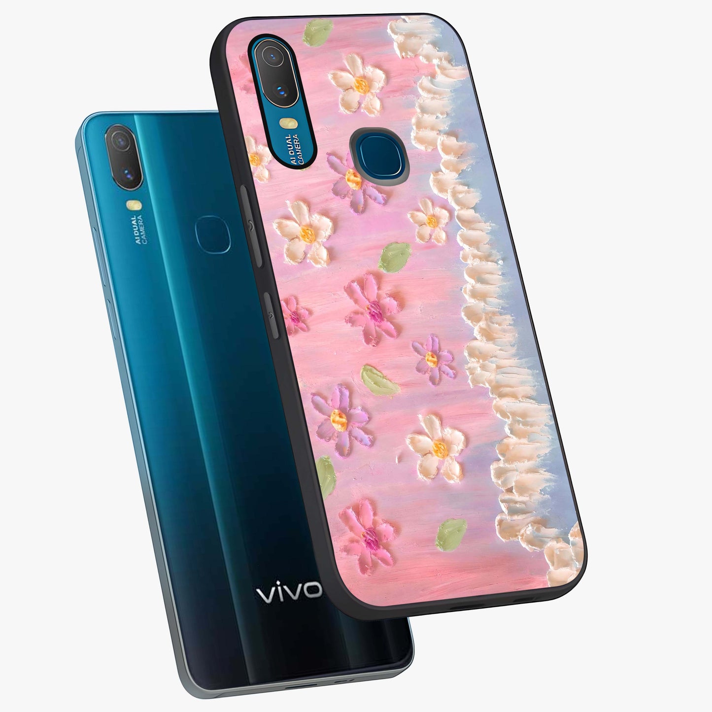 Dreamy Painted Garden Glass Case displayed in angled mockup highlighting colorful garden illustration with dreamy aesthetic style.
