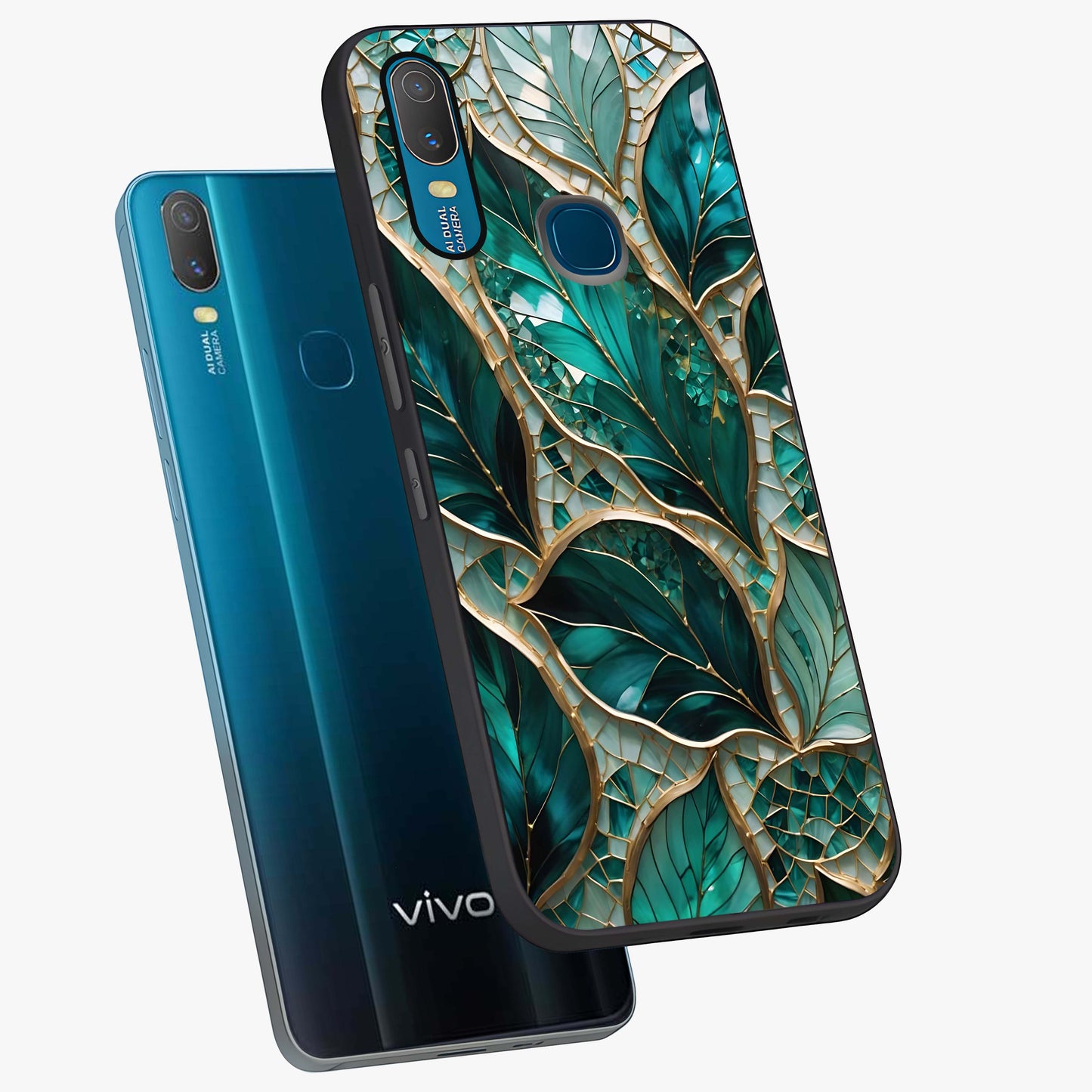 Emerald Leaf Glass Glass Case displayed in angled mockup highlighting botanical leaf illustration with elegant natural aesthetic.