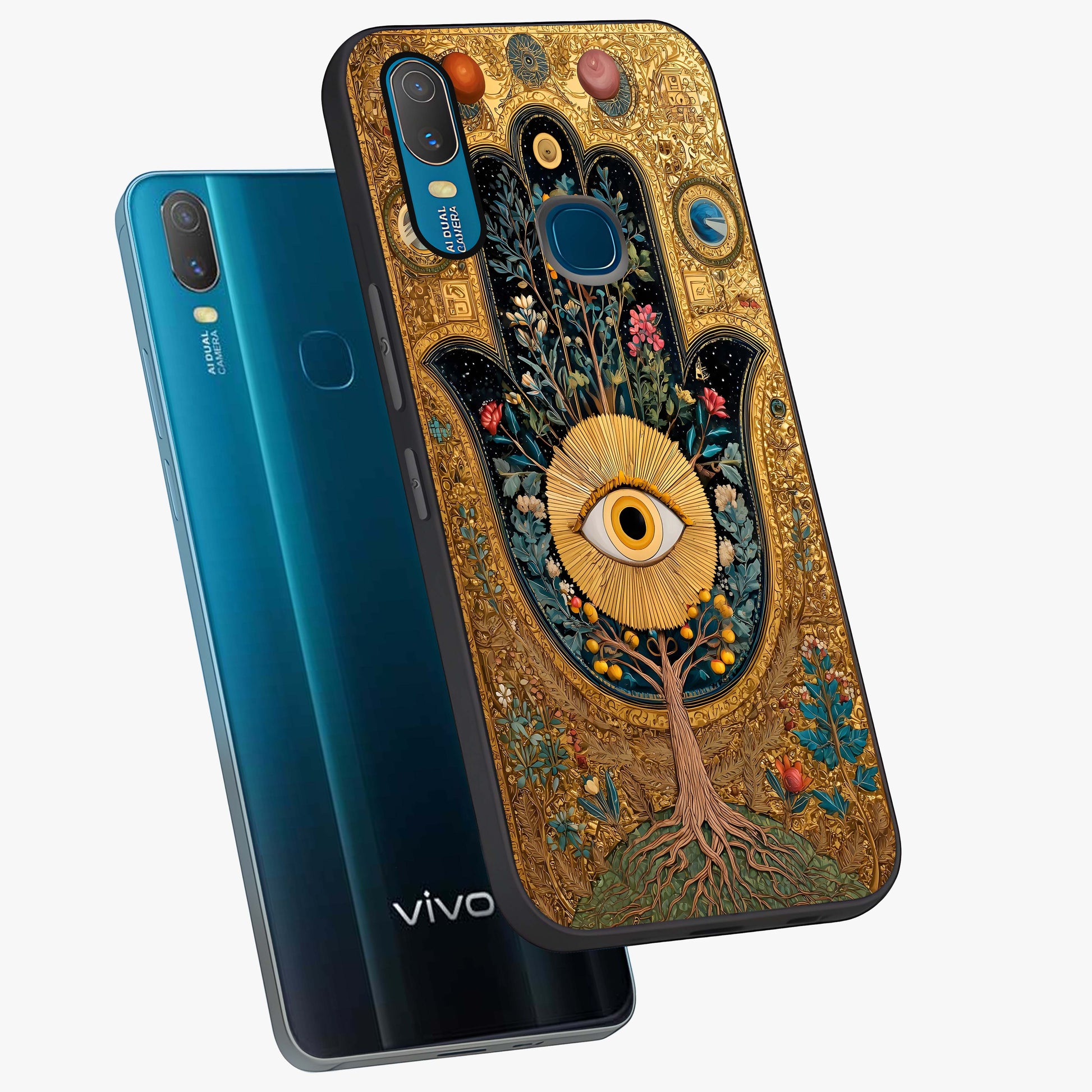 Ethereal Evil Eye Glass Case displayed in angled mockup highlighting protective evil eye symbol with spiritual aesthetic design.