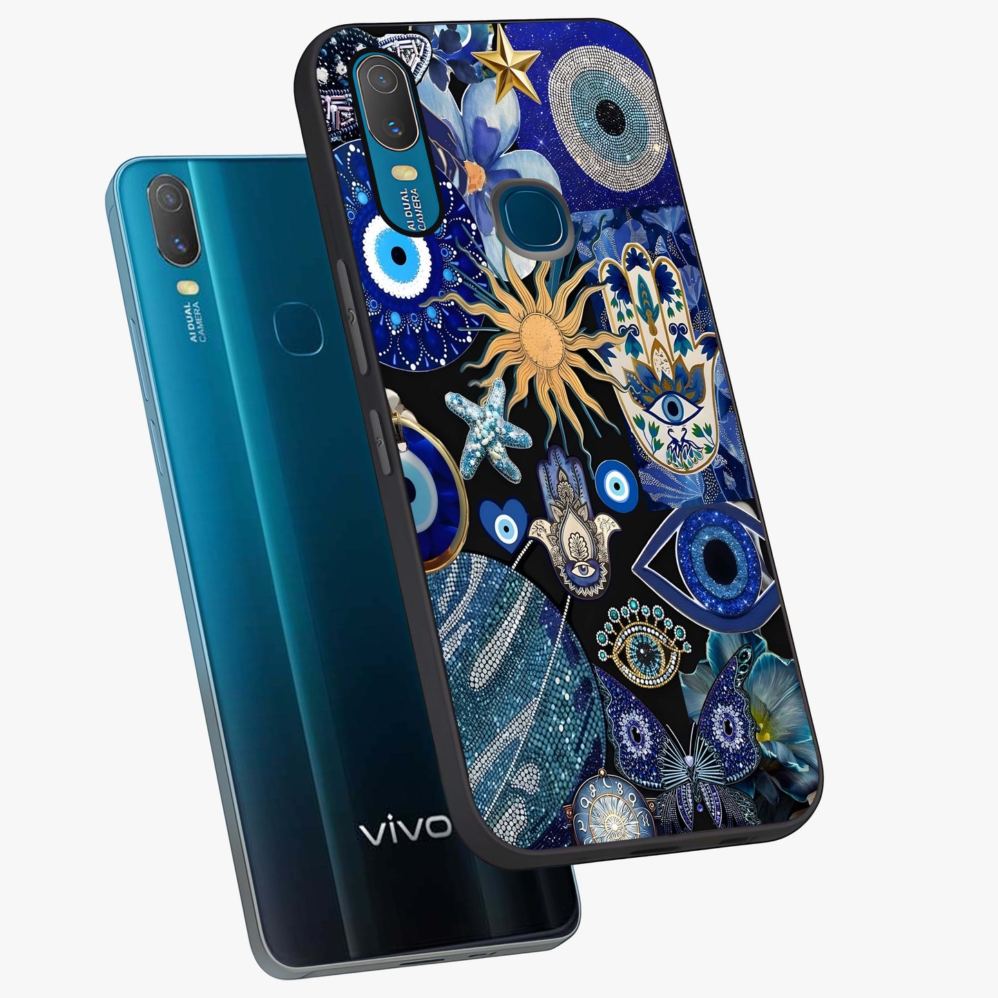 Evil Eye Charm Mix Glass Case displayed in angled mockup highlighting protective evil eye symbols with spiritual aesthetic design.
