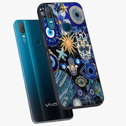 Evil Eye Charm Mix Glass Case displayed in angled mockup highlighting protective evil eye symbols with spiritual aesthetic design.