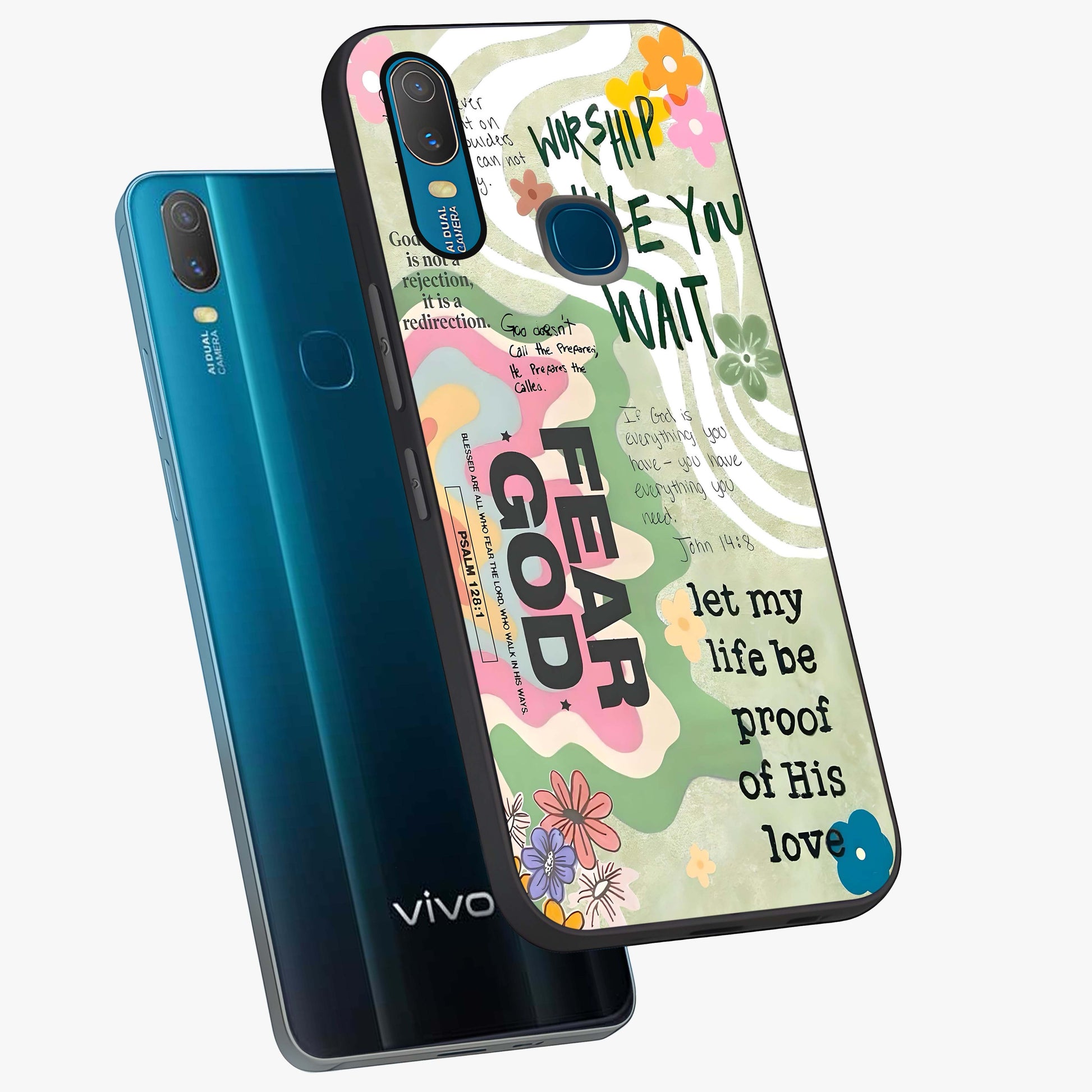 Faith Over Fear Glass Case displayed in angled mockup highlighting inspirational message design with modern aesthetic style.
