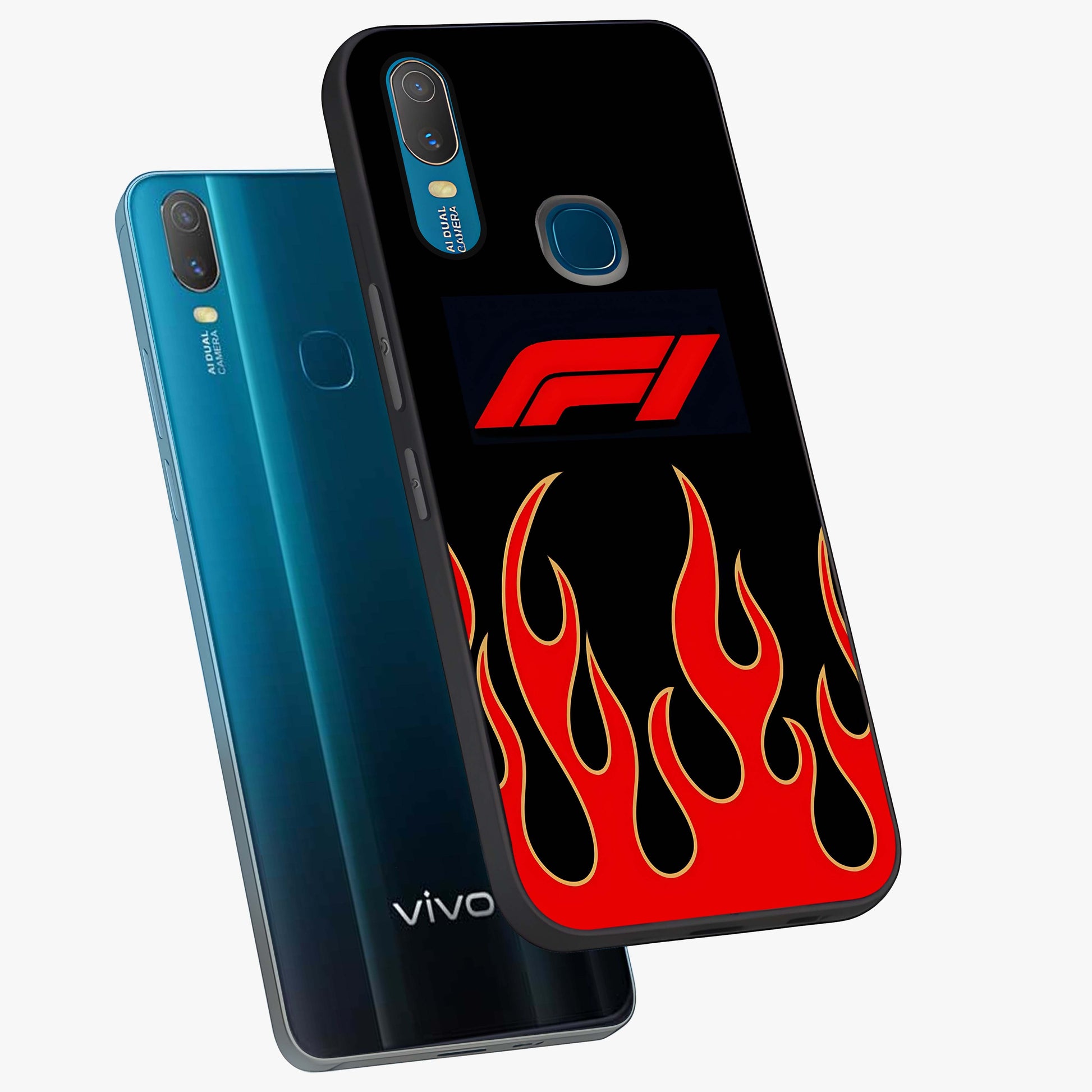 Fire F11 Glass Case displayed in angled mockup highlighting bold fire inspired graphic with energetic aesthetic style.