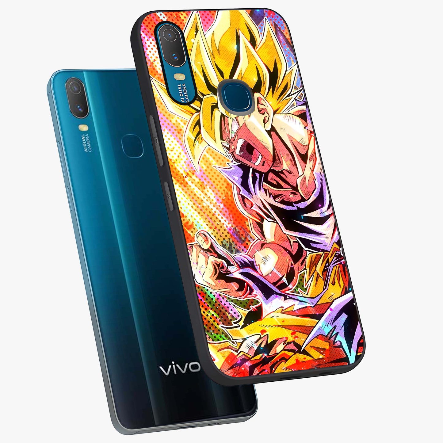 Firing Goku Glass Case displayed in angled mockup highlighting dynamic anime character design with action aesthetic.