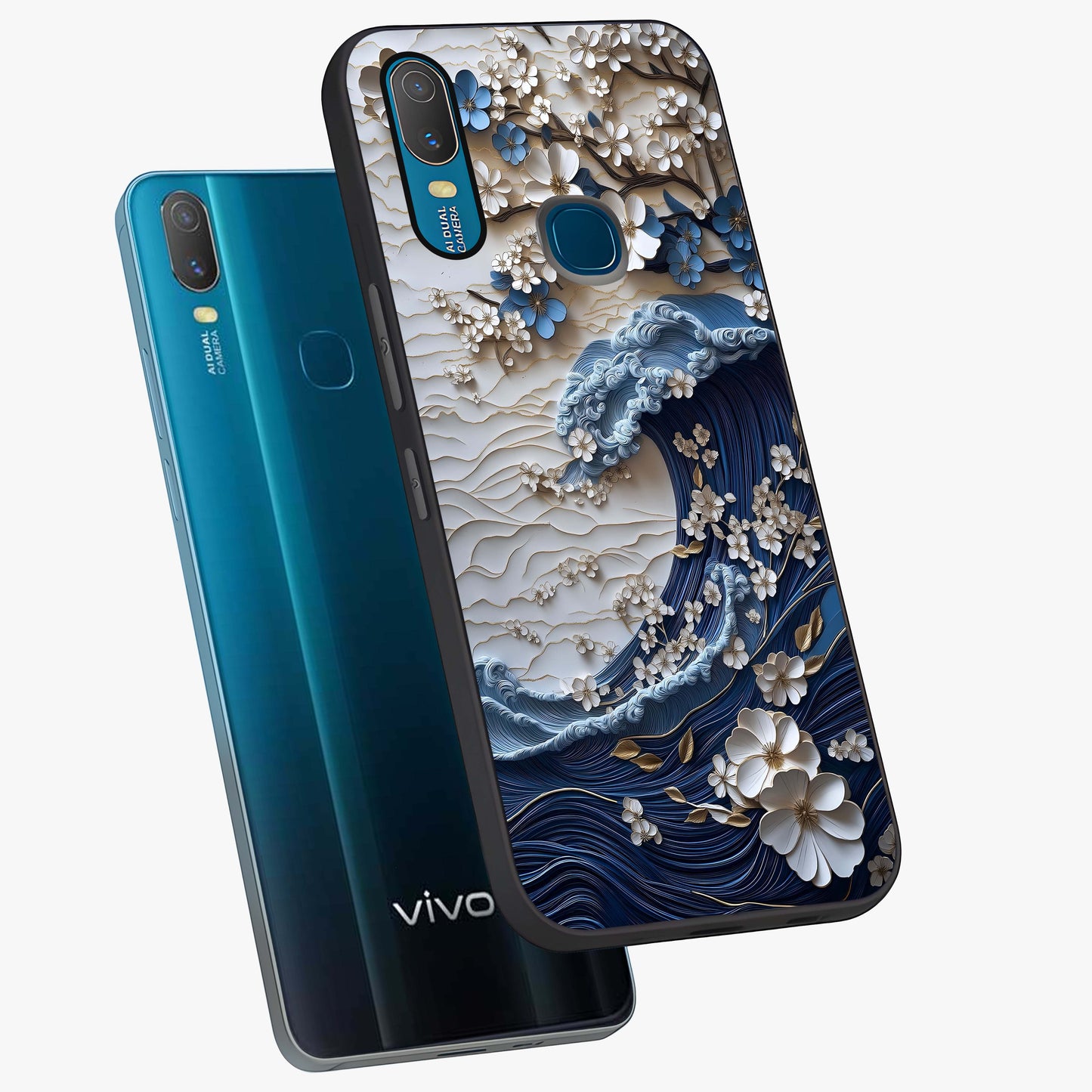 Floral Wave Origami Glass Case displayed in angled mockup highlighting geometric origami flower design with modern aesthetic style.