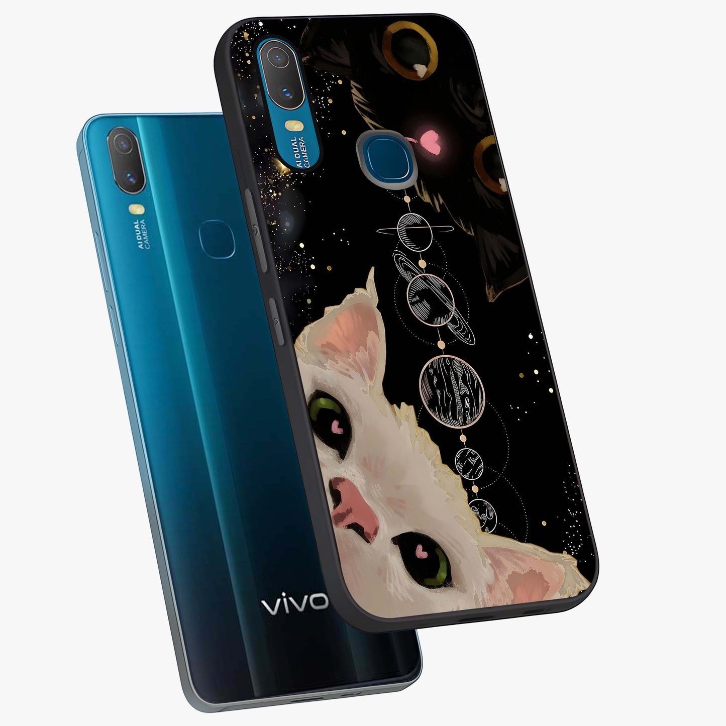 Galactic Cat Glass Case displayed in angled mockup highlighting celestial feline illustration with galaxy aesthetic style.
