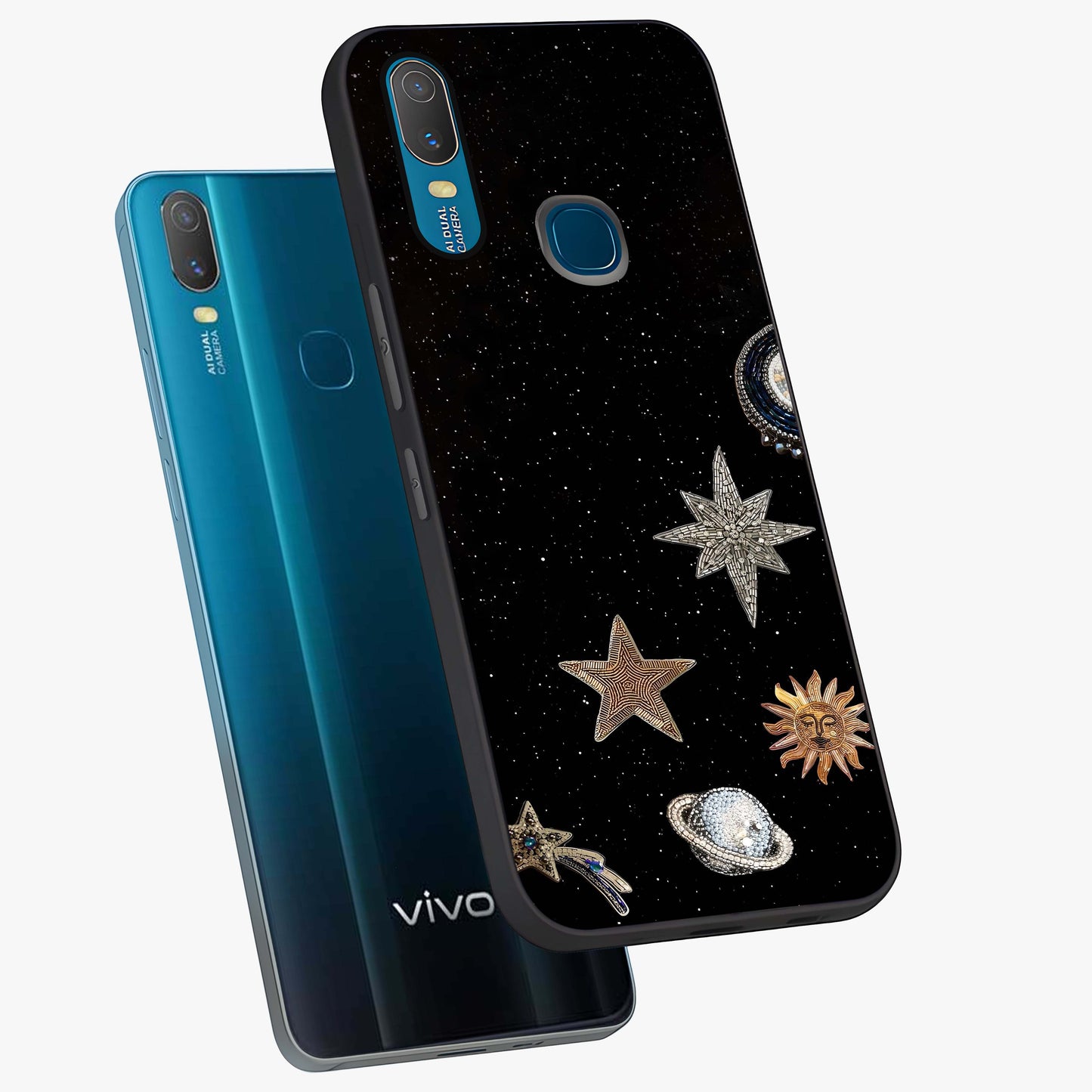 Galactic Charm Glow Glass Case displayed in angled mockup highlighting luminous galaxy inspired design with dreamy aesthetic.