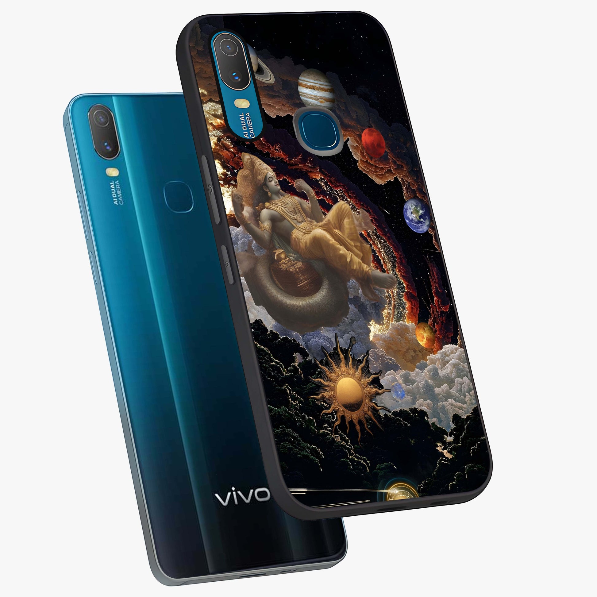 Galactic Divine God Glass Case displayed in angled mockup highlighting powerful celestial deity illustration with galactic aesthetic.