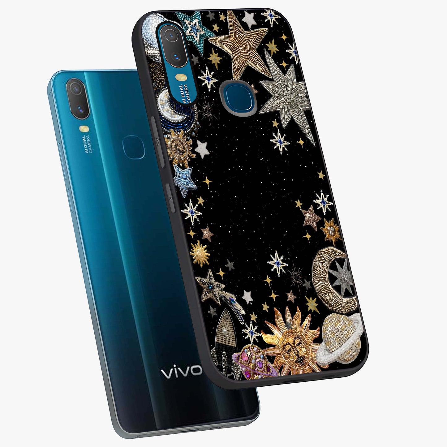 Galactic Jewel Stars Glass Case displayed in angled mockup highlighting shining celestial star design with cosmic aesthetic style.