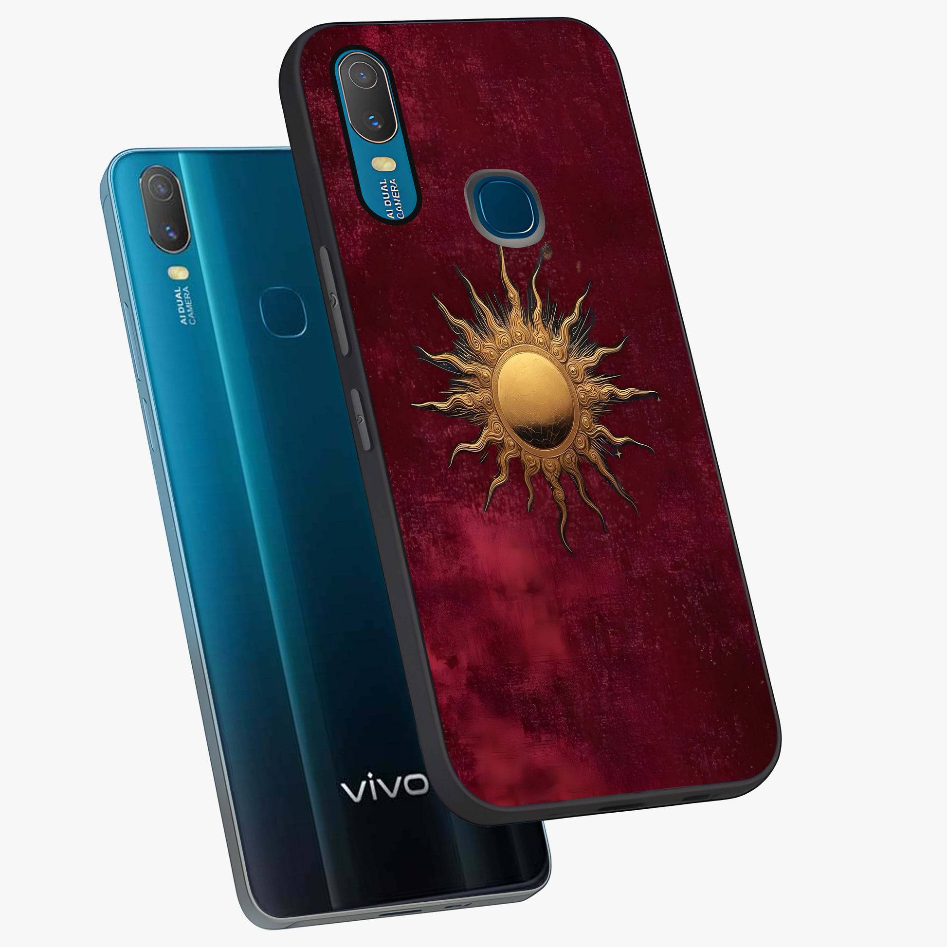 Golden Sun Minimalism Glass Case displayed in angled mockup highlighting clean sun symbol design with modern minimal aesthetic.