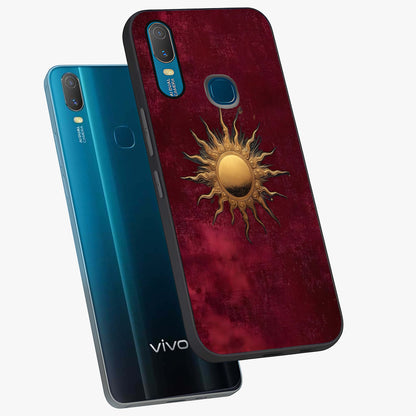 Golden Sun Minimalism Glass Case displayed in angled mockup highlighting clean sun symbol design with modern minimal aesthetic.