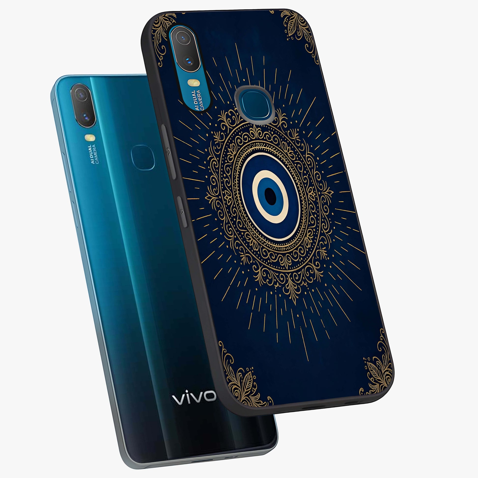 Golden Celestial Charm Glass Case displayed in angled mockup highlighting sparkling cosmic charm design with celestial aesthetic.
